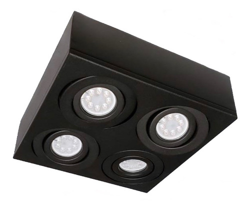 Plafón Moderno 4 Luces Spot Led Dicroica 7w Gu10 Negro Aplique Cuadrado Focos Con Doble Movimiento Cardánico