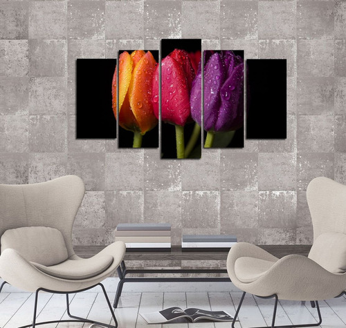 Cuadro 60x100cm Tulipanes Flores Naranja Violeta