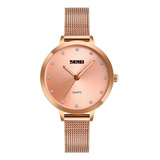 Reloj Mujer Skmei 1291 Malla Acero Minimalista Elegante Color De La Malla Dorado/rosa
