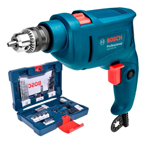 Furadeira Martelete  Elétrica De 10mm Bosch Gsb 450re + Estojo X-line 41 Peças Bosch 450w + Acessório Com Caixa De Papelão 220v