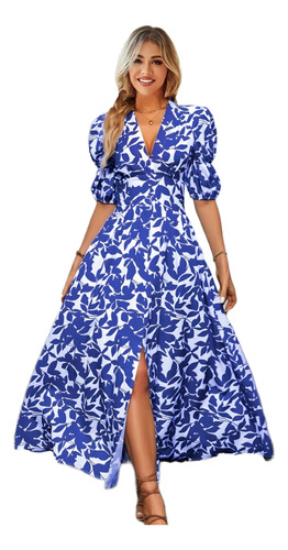 Maxi Vestido Floral Elegante Azul Rey Con Abertura En Pierna