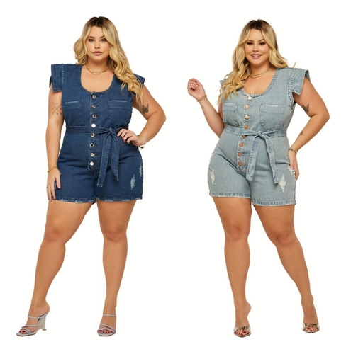 Jardineira Macaquinho Macacão Plus Size Jeans Feminino Lycra