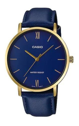 Reloj Casio Análogo Mtp-vt01 Hombre Piel Azul Acero Inoxi Color Del Bisel Dorado