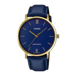 Reloj Casio Análogo Mtp-vt01 Hombre Piel Azul Acero Inoxi Color Del Bisel Dorado