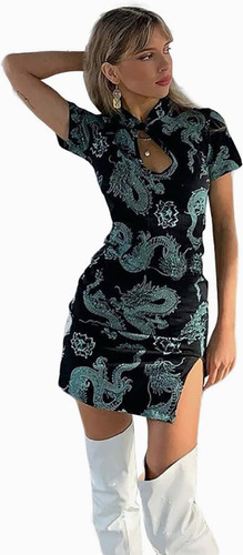 Vestido Chino Mini Corto Qipao Con Dragones Spandex Gotico