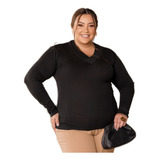 Blusa De Frio Trico Basica Decote V Plus Size Gg Manga Longa