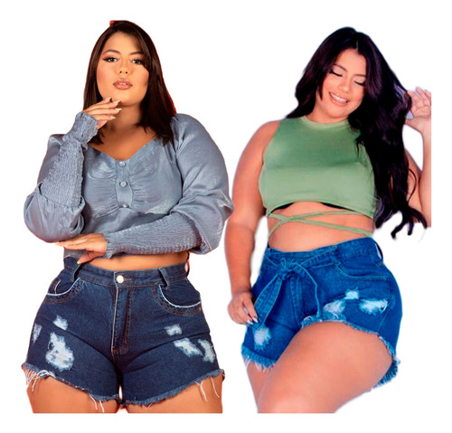 Kit 2 Short Jeans Hot Pants Barra Desfiada Cintura Alta