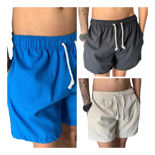 Kit 3 Shorts Masculino Bermuda Curta De Linho Casual Premium