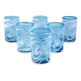 Vasos De Vidrio Soplado Diseño Remolinos Color Azul 6pzs