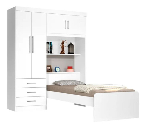 Guarda Roupa Com Cama Solteiro 4 Portas 3 Gavetas Baú Branco