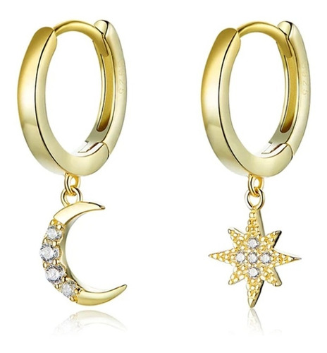 Aretes Huggies Sol Y Luna Plata S925 Chapados En Oro 18k