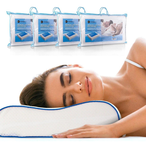 Combo 4 Almohadas Gel Fresco Ortopédica Memoria Energy Plus Color Blanco Y Azul