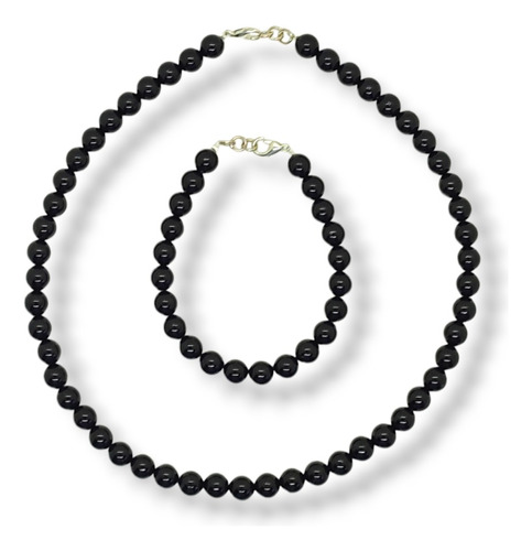 Conjunto Collar Pulsera Perlas Negras 8mm Hombre Mujer