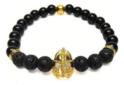 Pulsera De Hombre Con Piedra De Lava Negra+ Casco Espartano