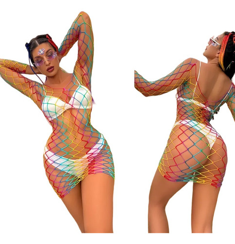 Vestido Saida Praía Arrastão Bodystocking Multicolor Mod51