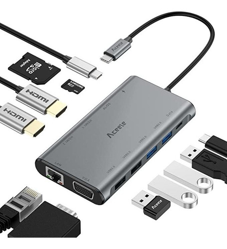 Hub Usb C Con 2 Hdmi Vga Pd Ethernet Lectores De Tarjetas Sd