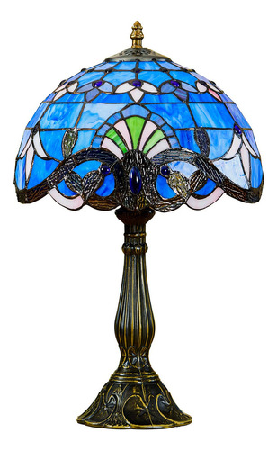 Tiffany - Lámpara De Mesa Con Vitrales Azules, Estilo Vintag