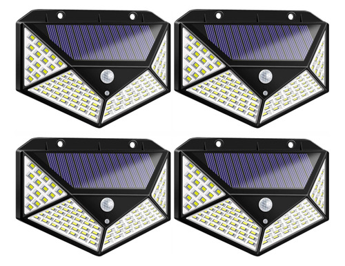 4 Luminária Parede Solar 100led Bateria Luz Balizador Jardim