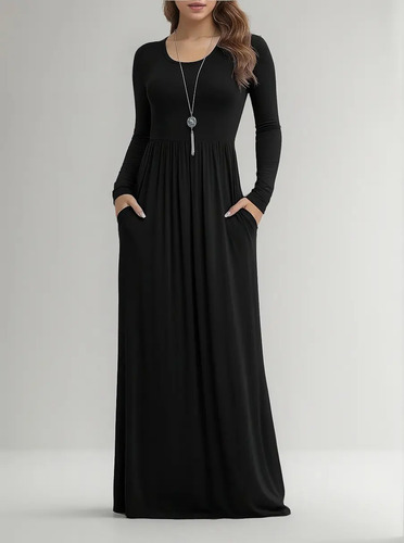 Vestido Largo Casual Moda Con Bolsillos Manga Largo | MercadoLibre