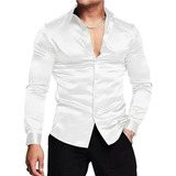 Camisa De Satén De Seda Brillante Para Hombre, Manga Larga,