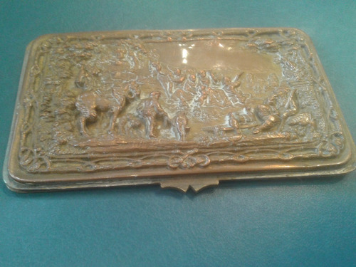 Antigua Tapa Bronce Caja Alhajero Frances Escena Caballeria