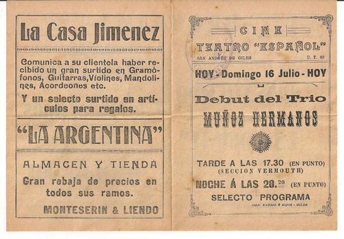 Programa De Cine Teatro Español San Andres De Giles 1922 Sa