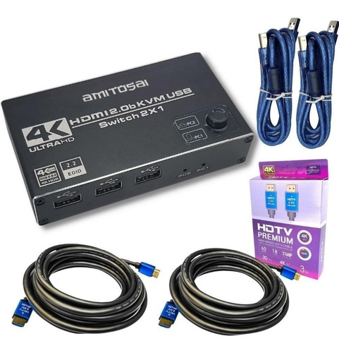 Switch Kvm 2 Puertos Hdmi Con Audio C/2 Cables Hdmi 3mts 4k 
