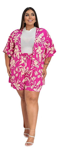 Conjunto Femenino Blusa Kimono E Short Plus Size Kyomi