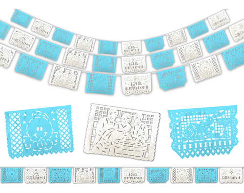 Papel Picado Para Bautizo Niño. Azul Y Blanco. Paq 10 Tiras