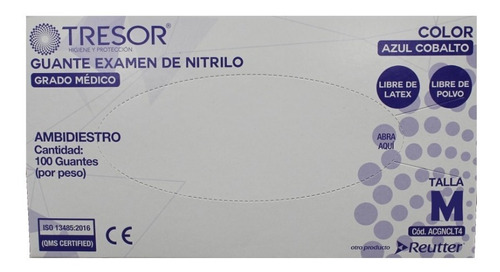 Guante Nitrilo Azul Cobalto Tresor Talla M, Caja X 100