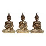 Kit Com 3 Buda Hindu Tibetano Em Resina Dourado Brilho 12cm