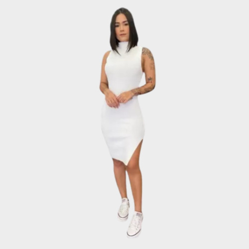 Vestido Midi Divo Gola Alta Manga Regata Saia Fenda Novidade