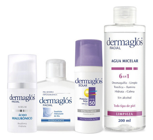 Kit Dermaglos Serum + Hidratante + Agua Mic + Protector 50