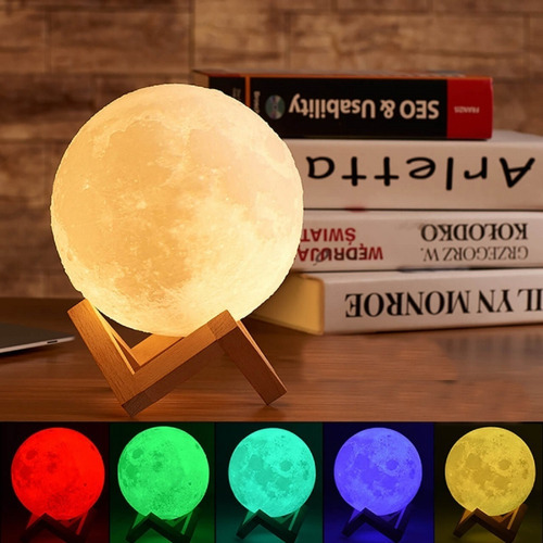 Lámpara Luna 15 Cm Diámetro Luz Led Colores + Base Madera 