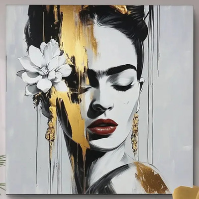 Cuadro Decorativo Frida Kahlo Moderno Chic Gold Canvas 70x70 Color Frida Modern Chic Gold Armazón Bastidor De Madera | Meses sin interés