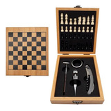 Set De Vino Ajedrez Madera Bambu 4 Piezas Regalo Ideal