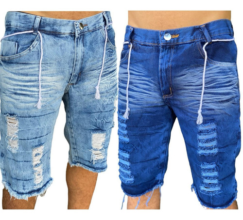 Kit 2 Bermudas Shorts Jeans Masculino Rasgada Barato 