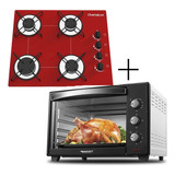 Fogão Cooktop 4 Bocas Vermelho + Forno De Eletrico 48 Litros 220v