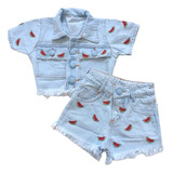 Conjunto Infantil Jeans Short Detalhe Melancia Estiloso Luxo