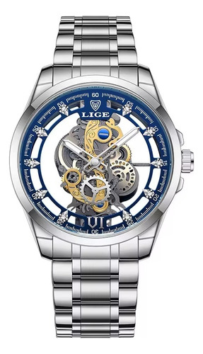 Reloj Elegante Esqueleto Lige Acero Inoxidable Plateado