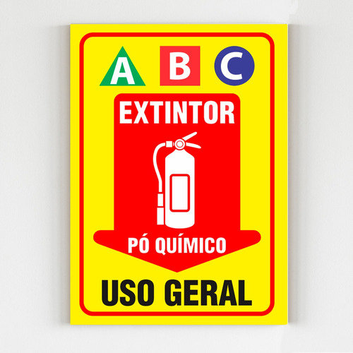 Placa De Aviso Extintor A B C Pó Químico Seta Para Baixo Mdf