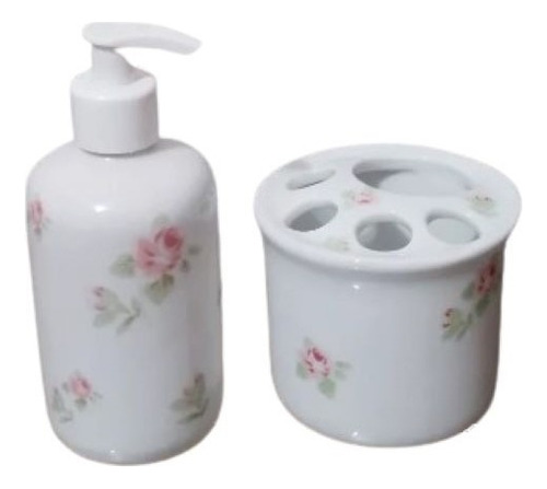 Kit Banheiro Porcelana Floral Porta Liquido E Escova Dente