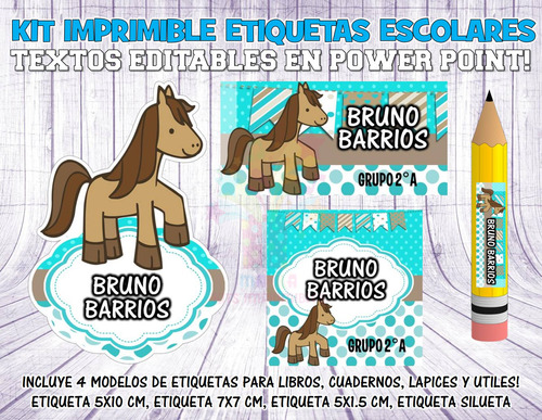 Kit Imprimible Etiquetas Escolares Caballo Pony Varon