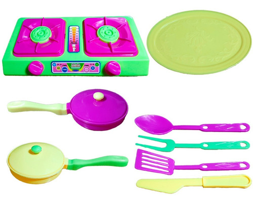 Set Cocinita Juguete Souvenir Cubiertos + Hornalla + Ollas