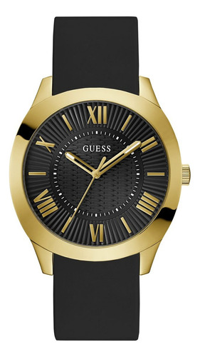 Reloj Para Caballero Guess Imprint Correa Negro2 Bisel Dorado Fondo Negro