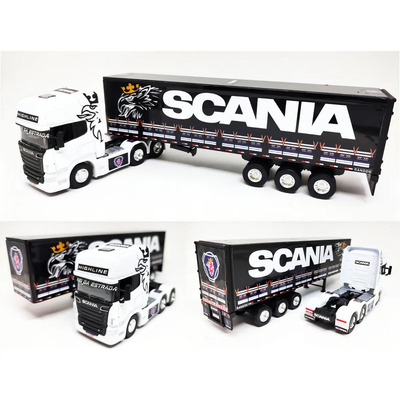Miniatura Caminhão Scania Highline + Carreta Personalizada Cor Highline Branco | Parcelamento sem juros