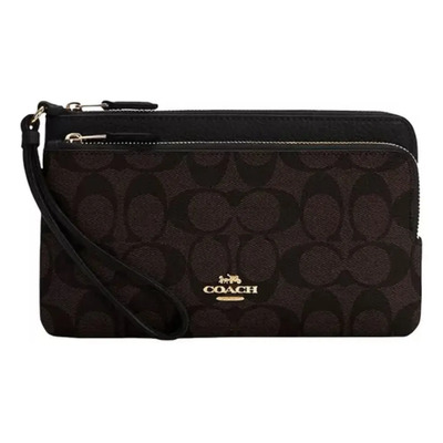 Billetera Coach Double Zip Wallet Black Con Diseño Lisa Color Marrón Oscuro De Cuero - 12cm X 20cm X 3cm Liso