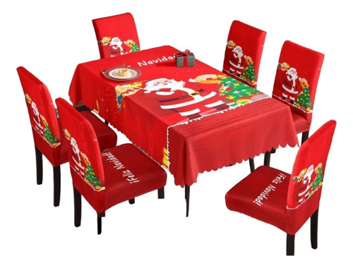 Mantel Navidad Decoración Comedor + 6 Fundas Sillas M3.