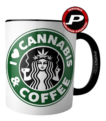 Caneca I Love Cannabis And Coffee Café E Maconha Alça Preta