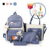 Set 5 Mochila Bolsas De Viaje Escolar Estudiante Mujer Lapicera Tote